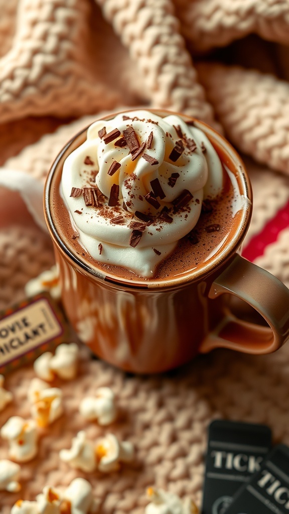 A cozy cup of hot chocolate with whipped cream and chocolate shavings, surrounded by movie tickets and popcorn.